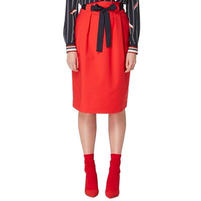 Red high waisted midi skirt